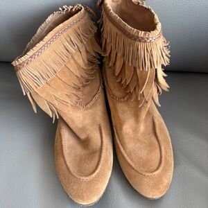AQUAZZURA Tiger Lily suede leather booties sz EU 36/US 5.5-6 fringes cognac NWOB